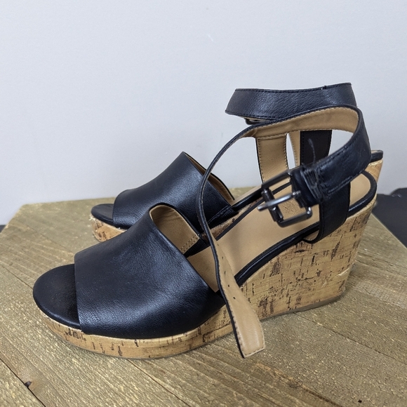 Franco Sarto Black Leather Cork Wedge Sandals Women’s 7 Ankle Strap Platform - Picture 5 of 7